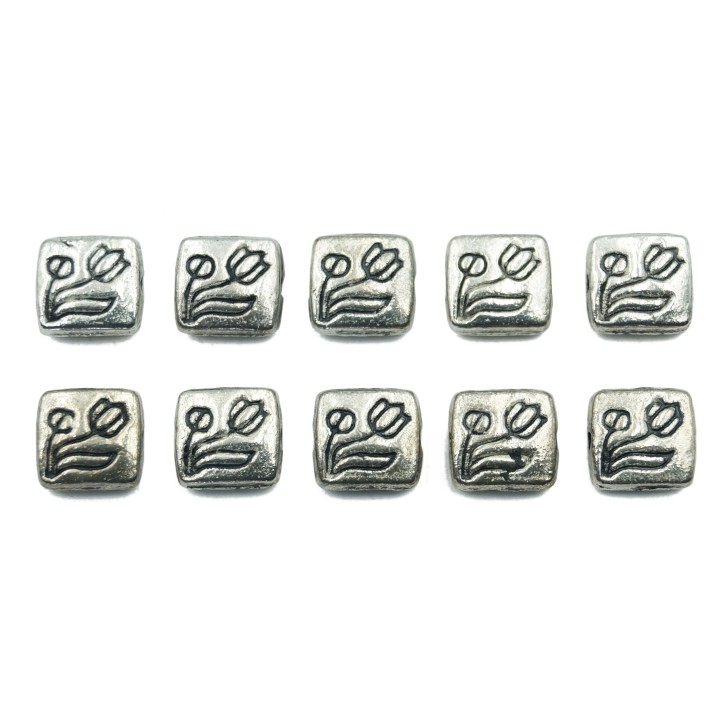 Cuadro con flor 8x8mm de pewter para collar pulsera y aretes